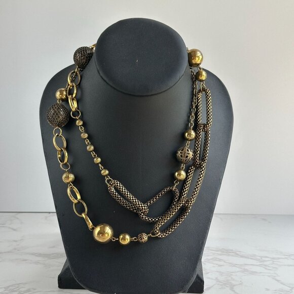 Vintage Long Necklace W/ Metal Mesh Beads & Links Gold-Tone 32" - Picture 3 of 11